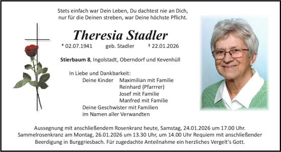 Traueranzeige von Theresia Stadler von Neumarkter Tagblatt