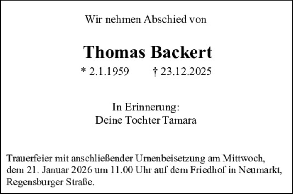  Traueranzeige für Thomas Backert vom 17.01.2026 aus Neumarkter Tagblatt