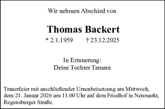 Traueranzeige von Thomas Backert von Neumarkter Tagblatt