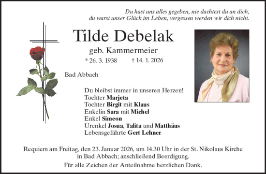 Traueranzeige von Tilde Debelak von Mittelbayerische Zeitung Kelheim, Mittelbayerische Zeitung Regensburg