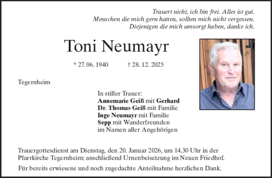 Traueranzeige von Toni Neumayr von Mittelbayerische Zeitung Regensburg