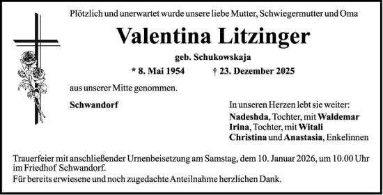 Traueranzeige von Valentina Litzinger von Mittelbayerische Zeitung Schwandorf