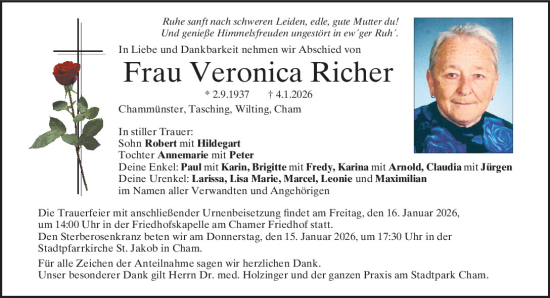 Traueranzeige von Veronica Richer von Bayerwald Echo