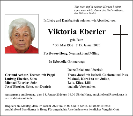 Traueranzeige von Viktoria Eberler von Neumarkter Tagblatt