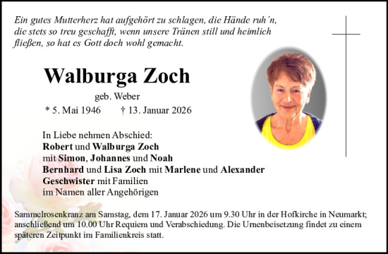 Traueranzeige von Walburga Zoch von Neumarkter Tagblatt