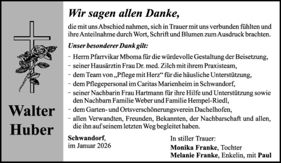 Traueranzeige von Walter Huber von Mittelbayerische Zeitung Schwandorf