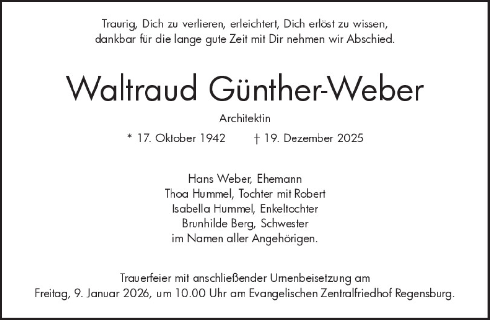  Traueranzeige für Waltraud Günther-Weber vom 03.01.2026 aus Mittelbayerische Zeitung Regensburg