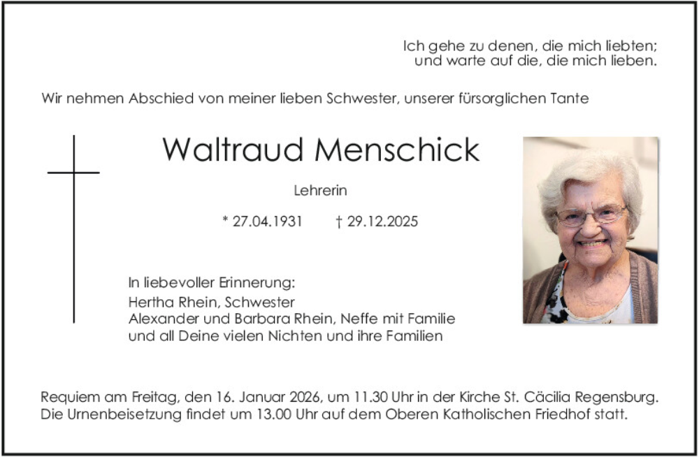  Traueranzeige für Waltraud Menschick vom 10.01.2026 aus Mittelbayerische Zeitung Regensburg