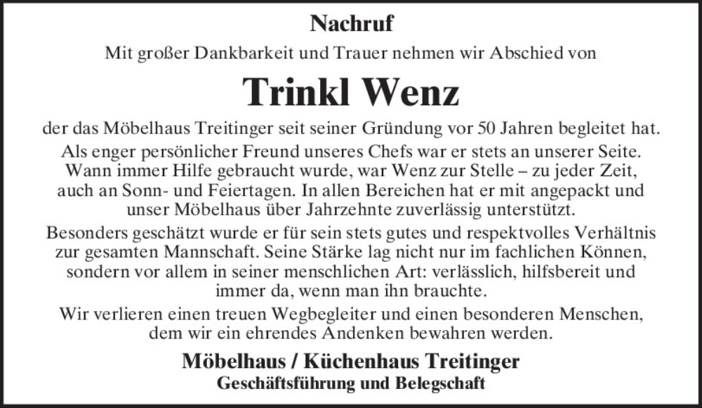 Traueranzeige für Wenz Trinkl vom 16.01.2026 aus Mittelbayerische Zeitung Kelheim