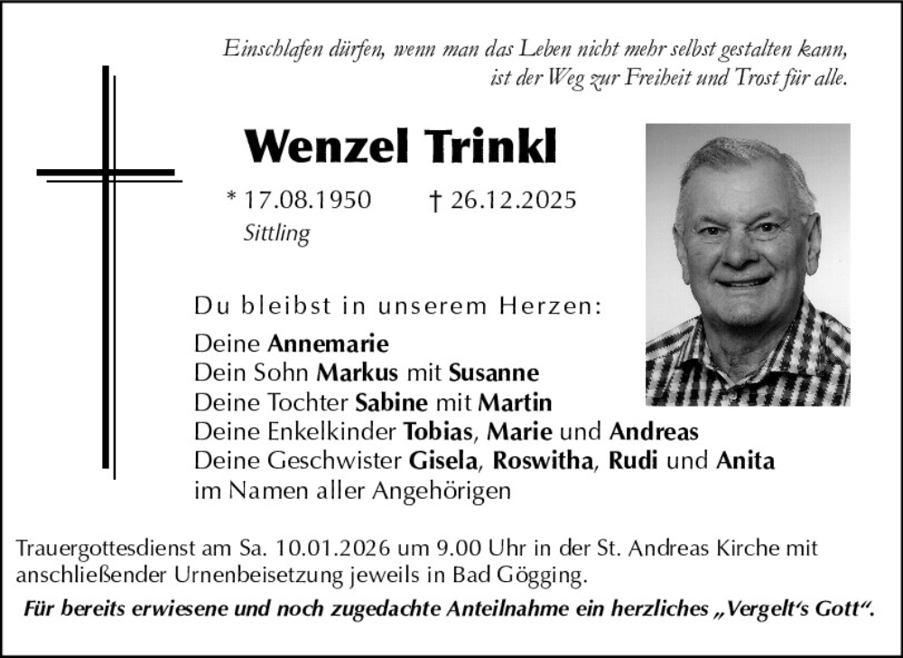  Traueranzeige für Wenzel Trinkl vom 08.01.2026 aus Mittelbayerische Zeitung Kelheim