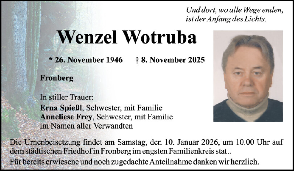  Traueranzeige für Wenzel Wotruba vom 03.01.2026 aus Mittelbayerische Zeitung Schwandorf