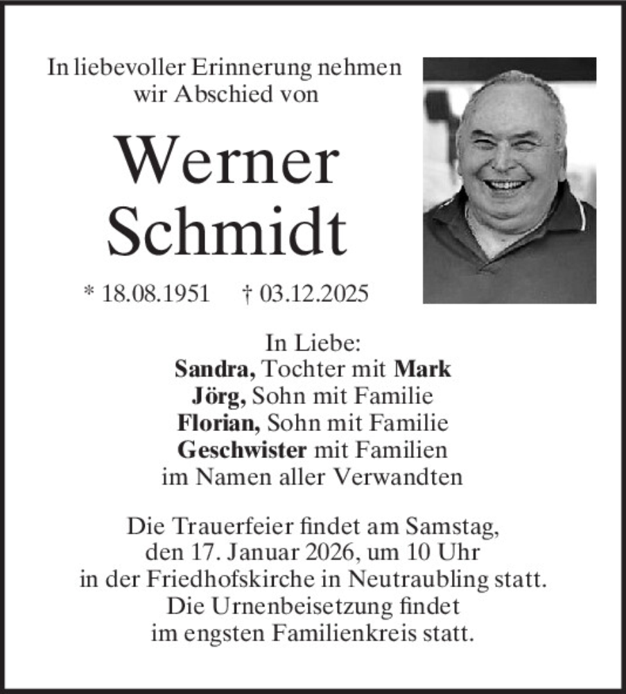  Traueranzeige für Werner Schmidt vom 10.01.2026 aus Mittelbayerische Zeitung Regensburg