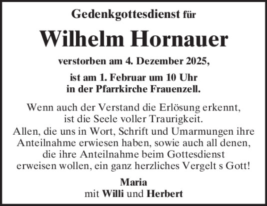 Traueranzeige von Wilhelm Hornauer von Mittelbayerische Zeitung Regensburg