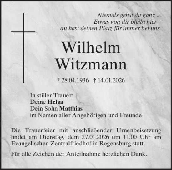 Traueranzeige von Wilhelm Witzmann von Mittelbayerische Zeitung Regensburg