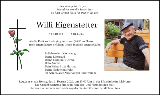 Traueranzeige von Willi Eigenstetter von Mittelbayerische Zeitung Regensburg
