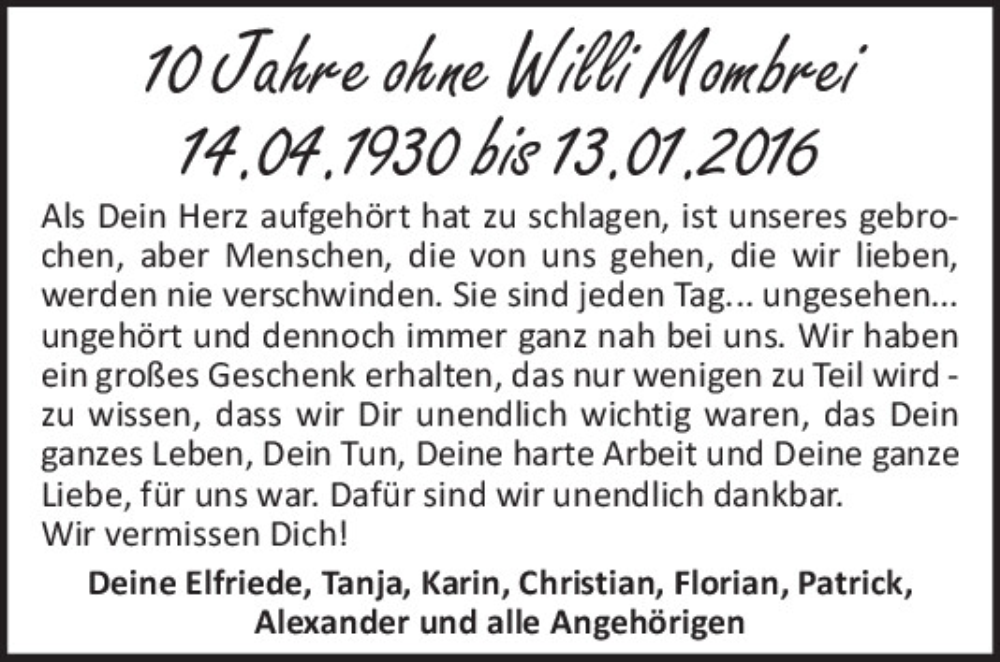  Traueranzeige für Willi Mombrei vom 13.01.2026 aus Mittelbayerische Zeitung Regensburg