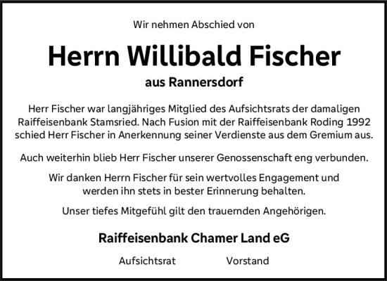 Traueranzeige von Willibald Fischer von Bayerwald Echo