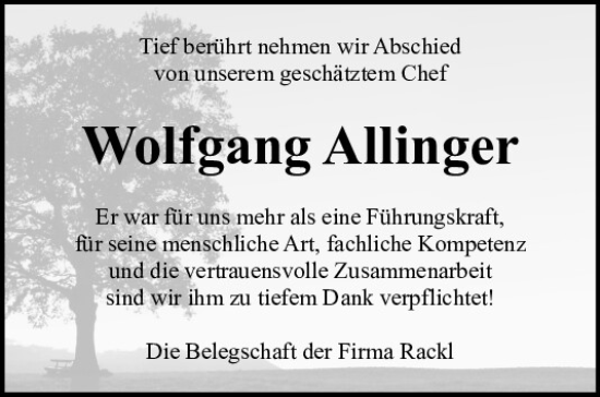 Traueranzeige von Wolfgang Allinger von Neumarkter Tagblatt