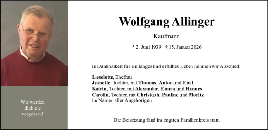 Traueranzeige von Wolfgang Allinger von Neumarkter Tagblatt