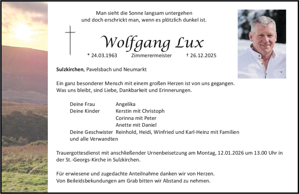  Traueranzeige für Wolfgang Lux vom 08.01.2026 aus Neumarkter Tagblatt