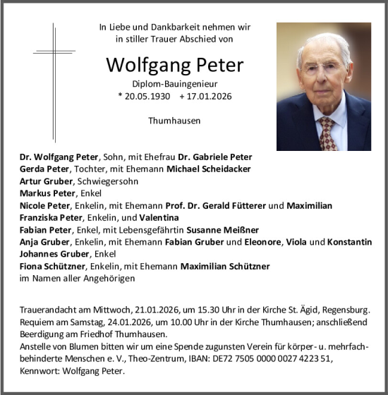 Traueranzeige von Wolfgang Peter von Mittelbayerische Zeitung Regensburg, Mittelbayerische Zeitung Schwandorf