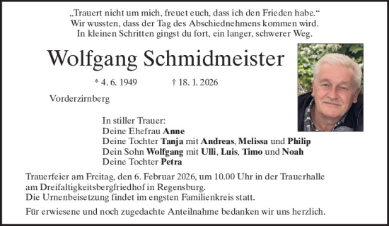 Traueranzeige von Wolfgang Schmidmeister von Mittelbayerische Zeitung Regensburg
