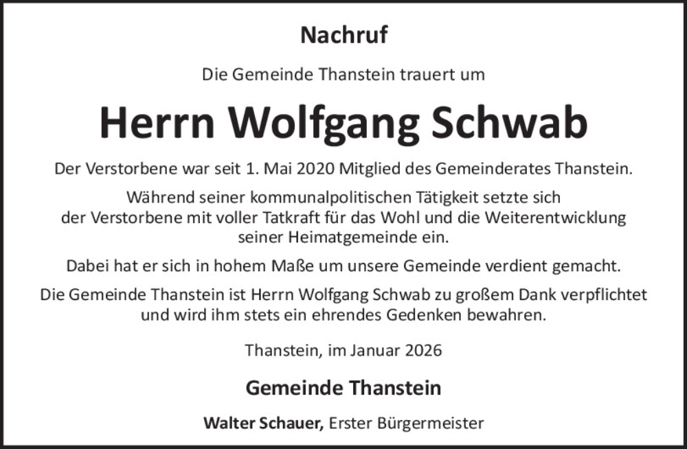  Traueranzeige für Wolfgang Schwab vom 12.01.2026 aus Mittelbayerische Zeitung Schwandorf