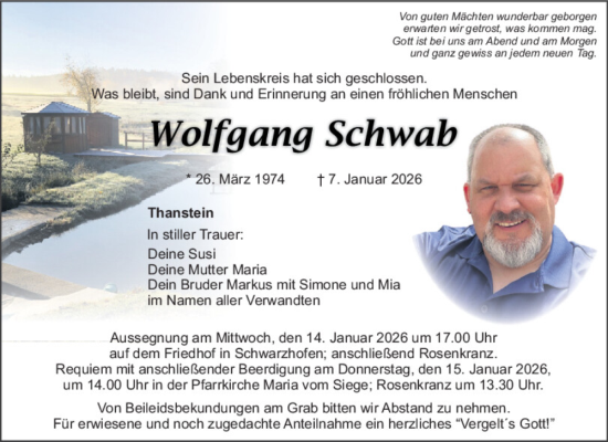 Traueranzeige von Wolfgang Schwab von Mittelbayerische Zeitung Schwandorf
