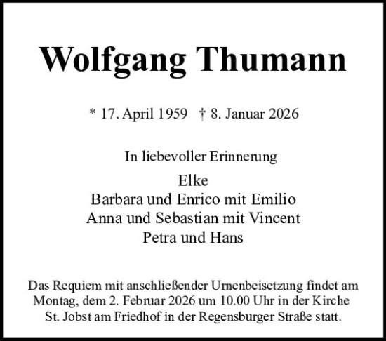 Traueranzeige von Wolfgang Thumann von Neumarkter Tagblatt