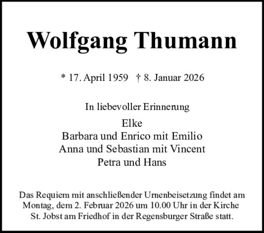  Traueranzeige für Wolfgang Thumann vom 28.01.2026 aus Neumarkter Tagblatt