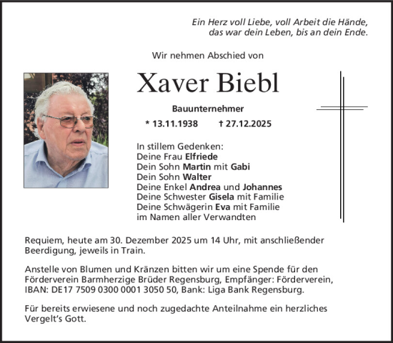 Traueranzeige von Xaver Biebl von Mittelbayerische Zeitung Kelheim