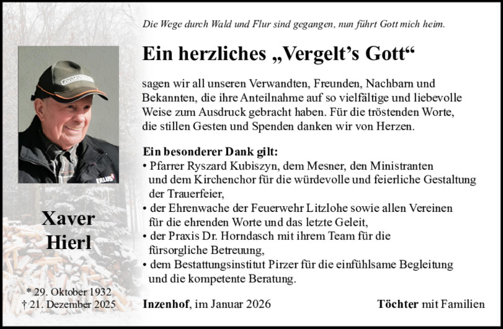  Traueranzeige für Xaver Hierl vom 24.01.2026 aus Neumarkter Tagblatt