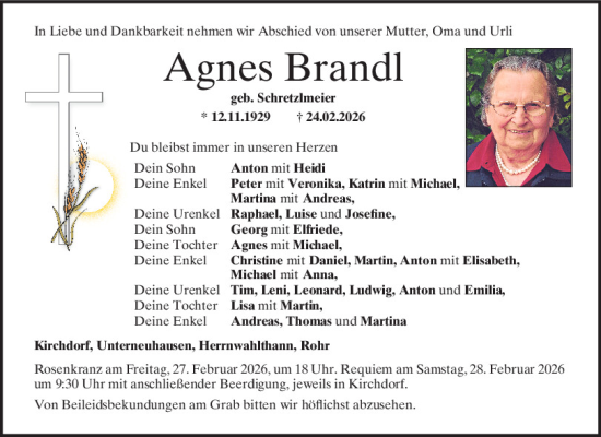 Traueranzeige von Agnes Brandl von Mittelbayerische Zeitung Kelheim