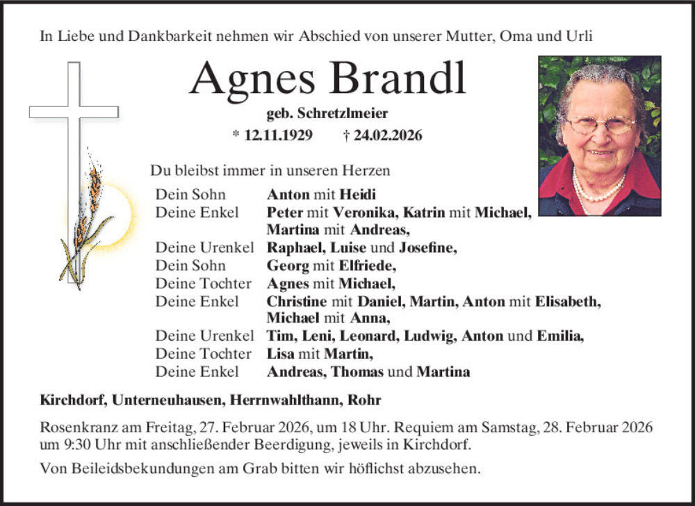  Traueranzeige für Agnes Brandl vom 26.02.2026 aus Mittelbayerische Zeitung Kelheim