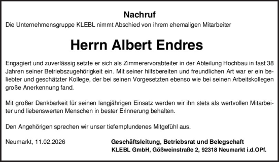 Traueranzeige von Albert Endres von Neumarkter Tagblatt