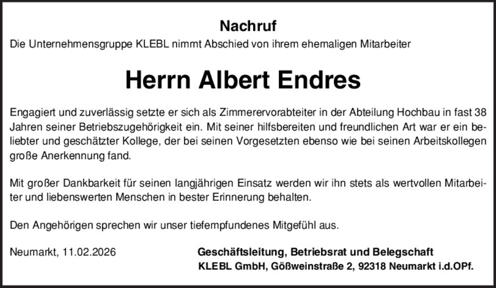  Traueranzeige für Albert Endres vom 11.02.2026 aus Neumarkter Tagblatt