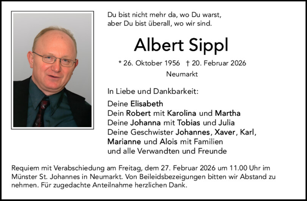  Traueranzeige für Albert Sippl vom 24.02.2026 aus Neumarkter Tagblatt