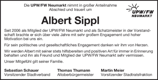 Traueranzeige von Albert Sippl von Neumarkter Tagblatt