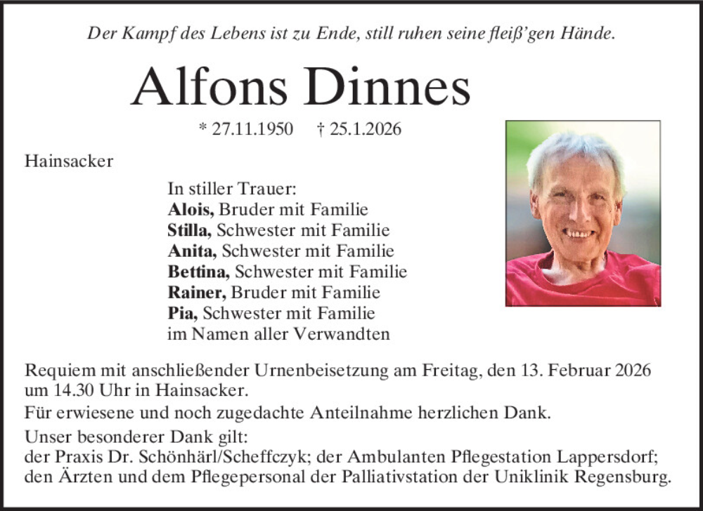  Traueranzeige für Alfons Dinnes vom 07.02.2026 aus Mittelbayerische Zeitung Regensburg