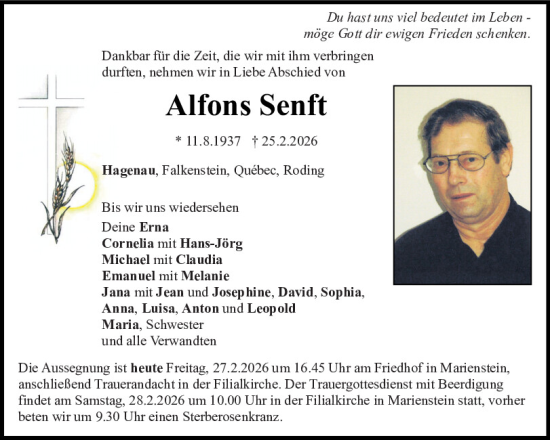 Traueranzeige von Alfons Senft von Bayerwald Echo