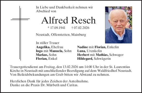 Traueranzeige von Alfred Resch von Mittelbayerische Zeitung Kelheim