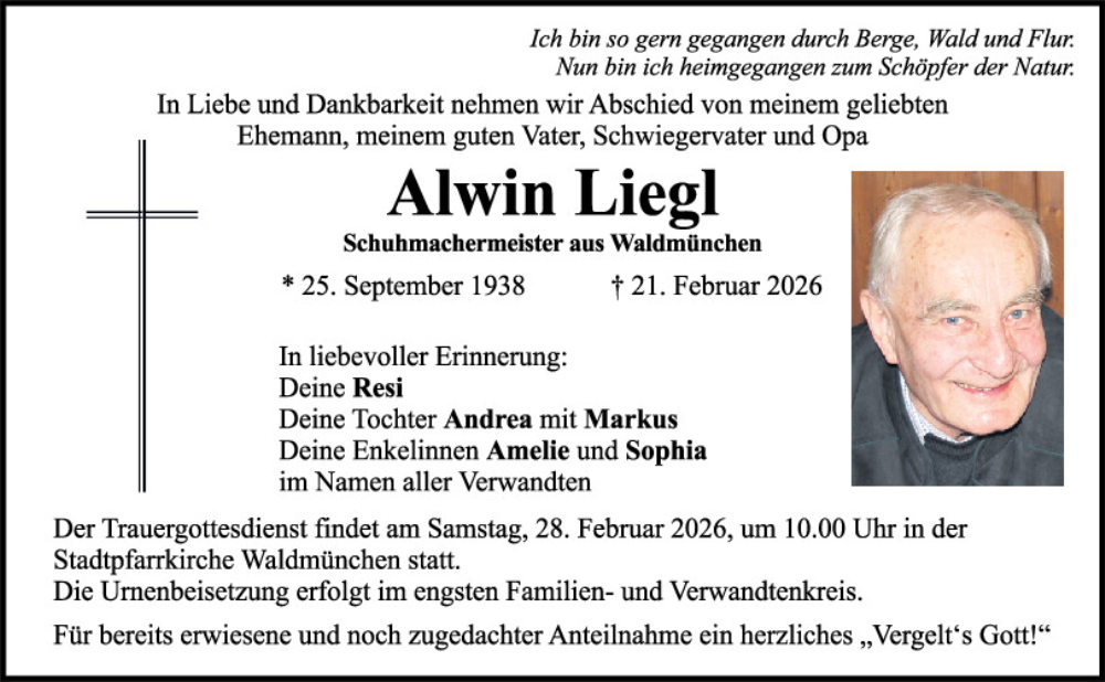  Traueranzeige für Alwin Liegl vom 26.02.2026 aus Bayerwald Echo