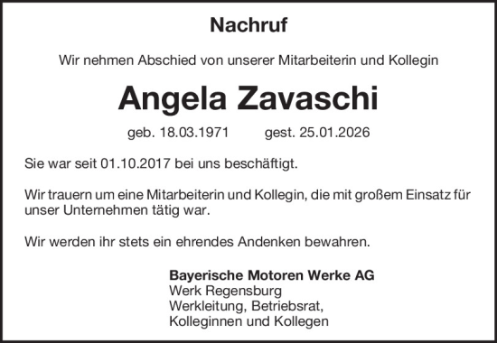 Traueranzeige von Angela Zavaschi von Mittelbayerische Zeitung Regensburg