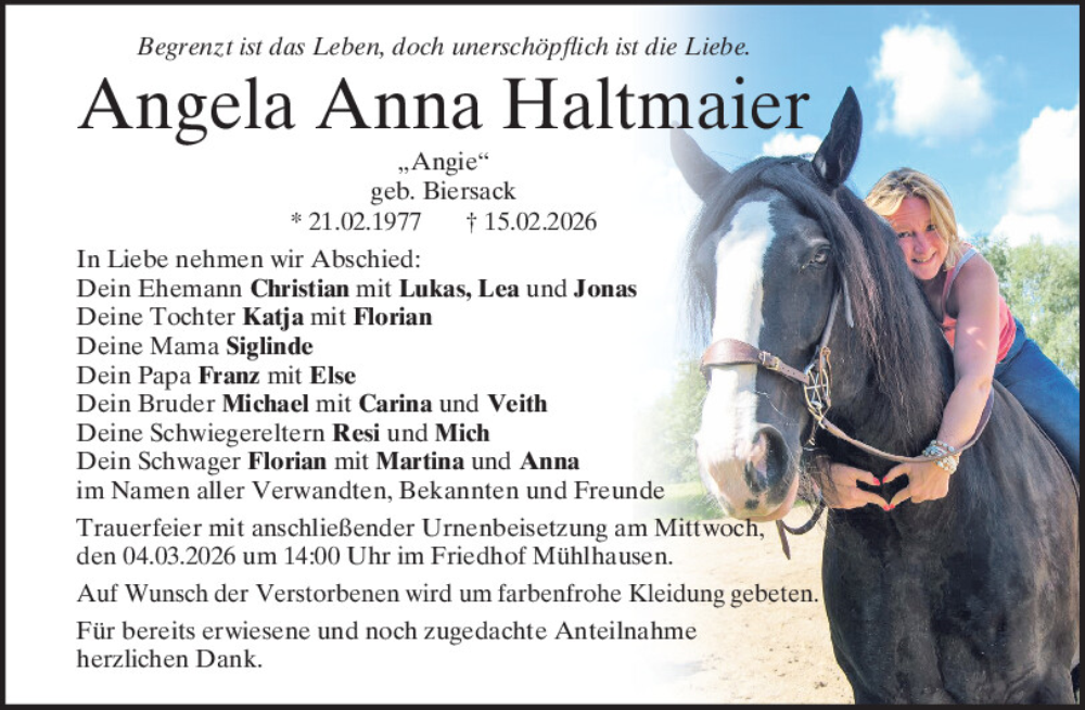  Traueranzeige für Angela Anna Haltmaier vom 26.02.2026 aus Mittelbayerische Zeitung Kelheim