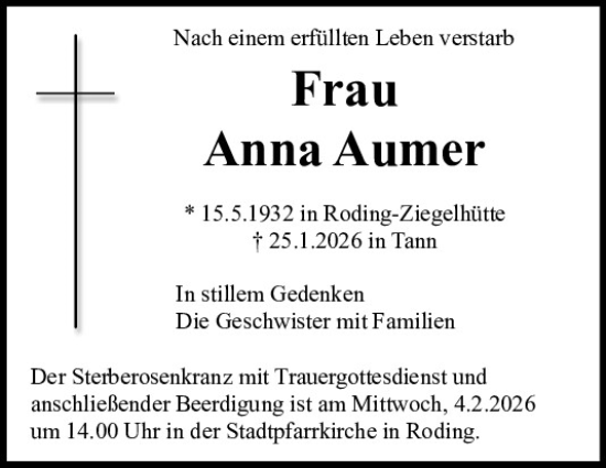 Traueranzeige von Anna Aumer von Bayerwald Echo