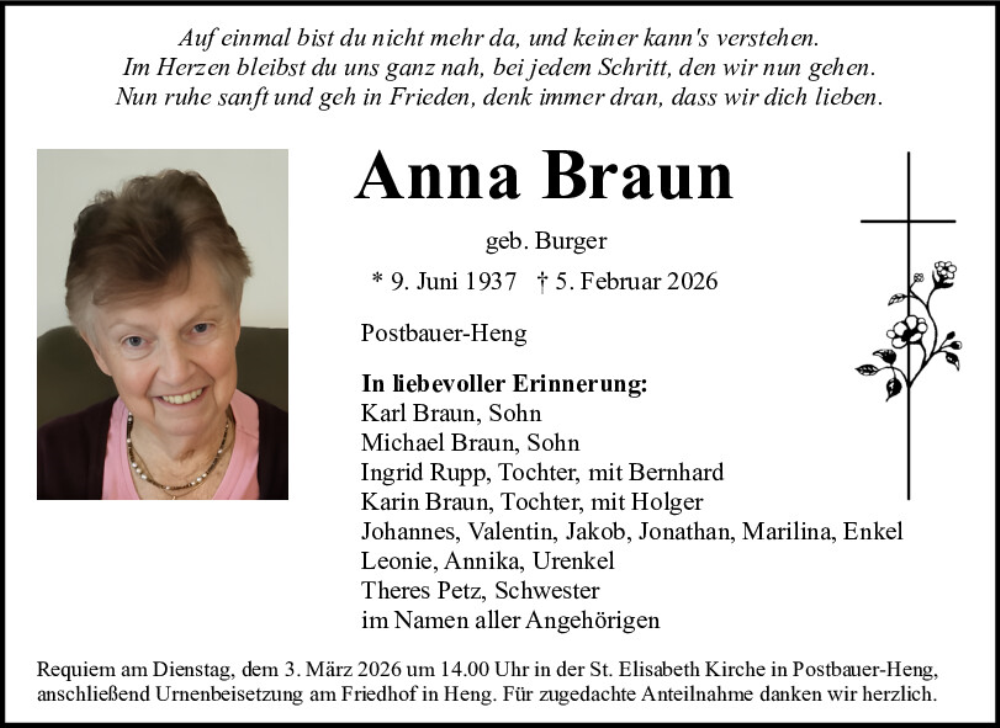  Traueranzeige für Anna Braun vom 27.02.2026 aus Neumarkter Tagblatt