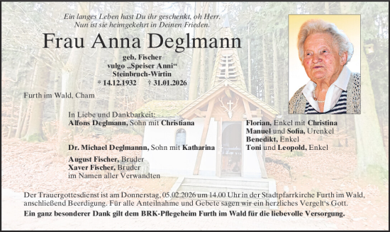 Traueranzeige von Anna Deglmann von Bayerwald Echo