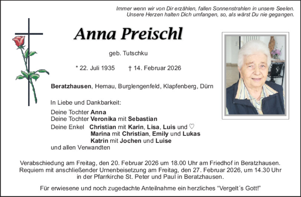  Traueranzeige für Anna Preischl vom 19.02.2026 aus Mittelbayerische Zeitung Regensburg