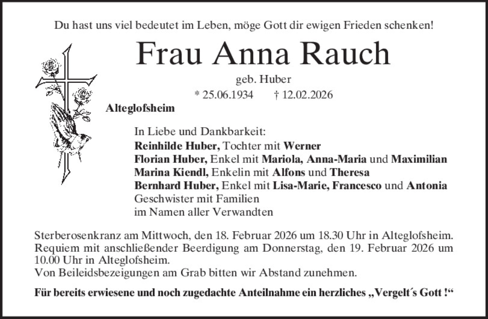  Traueranzeige für Anna Rauch vom 14.02.2026 aus Mittelbayerische Zeitung Regensburg