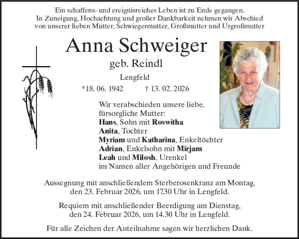  Traueranzeige für Anna Schweiger vom 21.02.2026 aus Mittelbayerische Zeitung Kelheim